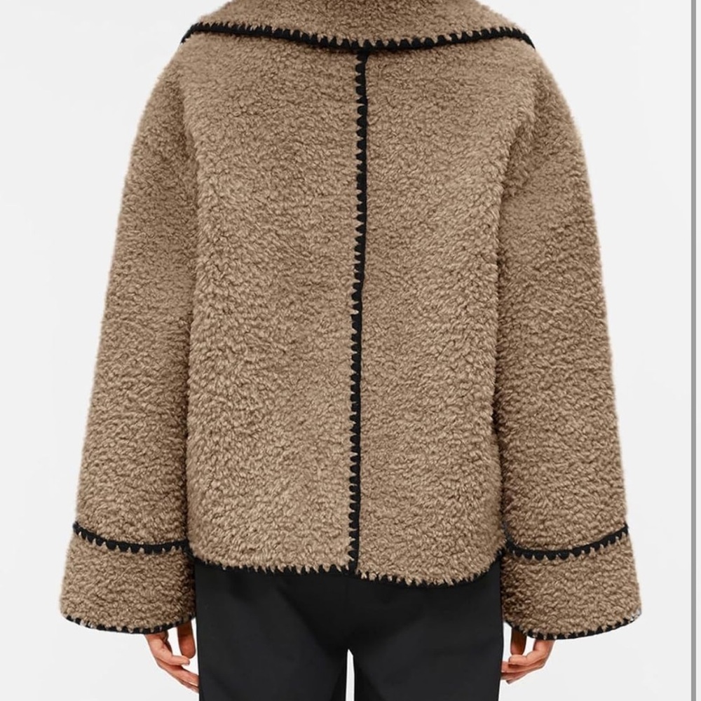 Cozy Tan Sherpa Jacket with Black Trim - Picture 6 of 8
